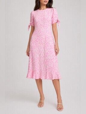Faithfull The Brand Emelia Floral Midi Dress Ruffle Hem Pink Daisy XS